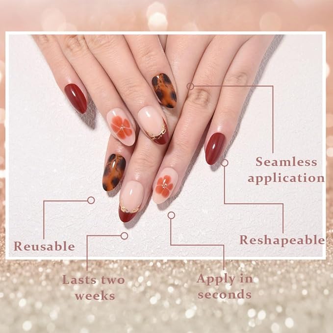 evpct 3D French Press on Nails Short Almond with Gold Line Design, Dark Red French Tip Stick on Nail for Women with Kit, Reusable Full Cover Press on Fake Nail with Flower Tortoise Shell Design