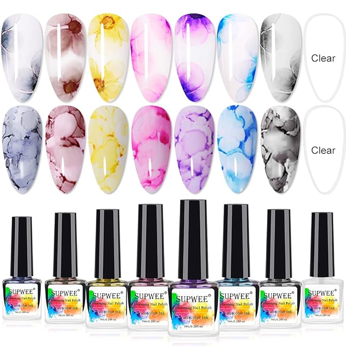 Blooming Nail Polish Watercolor Ink Marble Nail Art Blossom Effect Manicure for Spreading Marble Effect 8 Colors 7ml(0.25fl oz)