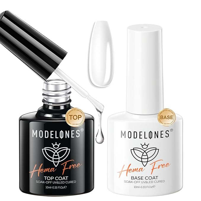 modelones No Wipe Gel Top Coat and Base Coat Set, 2 Pcs Clear Glossy Hema Free Base Top Coat Gel Nail Polish Long Lasting for Spring Nail Polish, Acrylic Nails Soak Off Nail Lamp Nail Art Home Salon