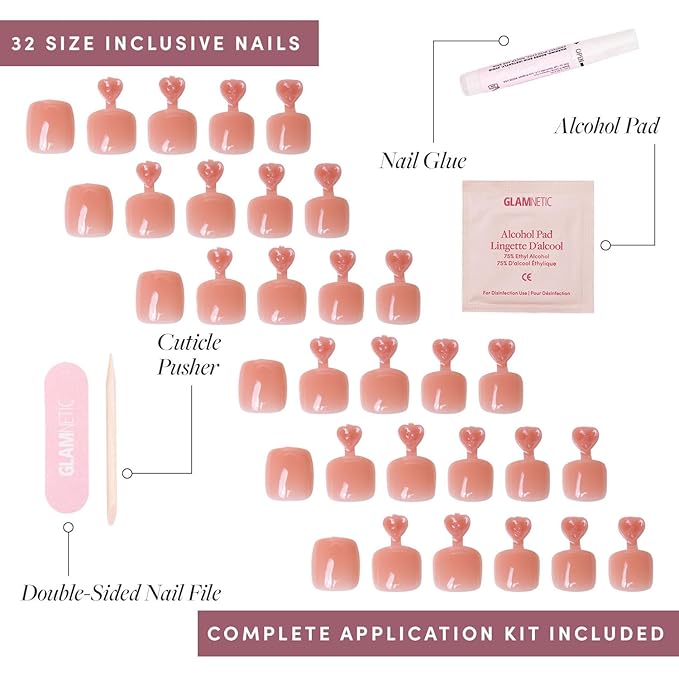 Glamnetic Press On Toenails - Sheer Peach | Natural Peach Semi-Transparent Fake Toe Nails with a Glossy Finish | 16 Sizes - 32 Toe Nail Kit with Glue