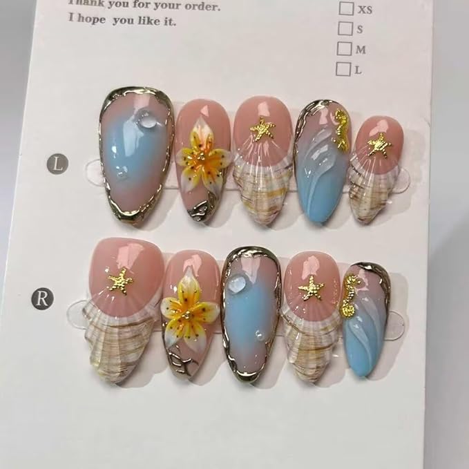 Press On Nails - Handmade Medium Length Almond French Tip Fake Nails, Shell Painting Design, Reusable Artificial Almond False Nails for Women 10 Pcs Acrylic Nails Kit (Size L)