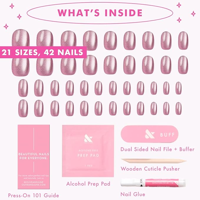 Olive & June Instant Mani Press-On Nails (Glue) | 42 Fake Nails, 21 Sizes | Non-Toxic, Long-Lasting Recycled Materials Realistic Look | Salon-Quality at Home | Short, Round | World Lit Velvet