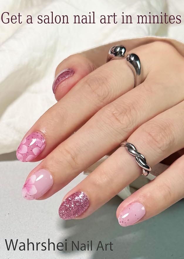 UV Gel Nail Stickers, Spring, Pink Sakura 20pcs Semi Cured Gel Nail Strips, Wraps for Home Manicure DIY