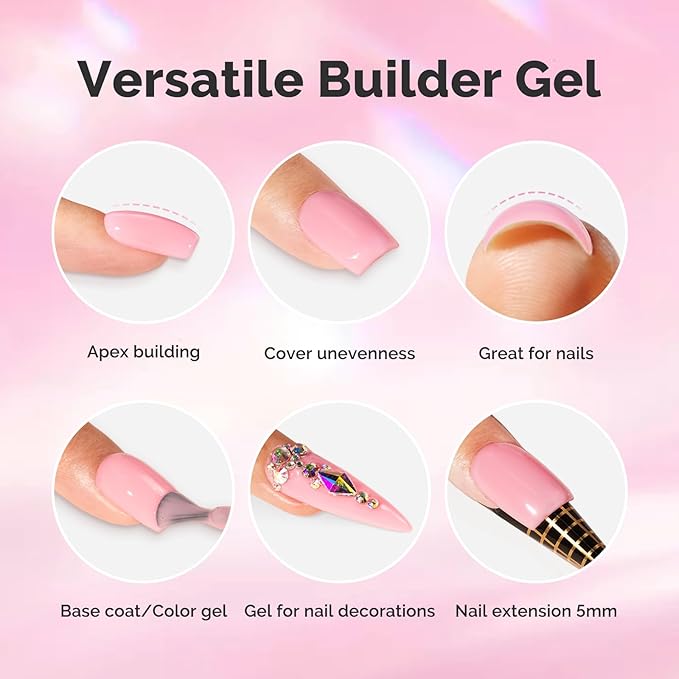 MelodySusie Pink Builder Nail Base Gel for Nails Thickening, Soak Off UV Extension Gel, Rhinestone Nail Glue for Nail Art Design Salon DIY Manicure at Home Gift for Women