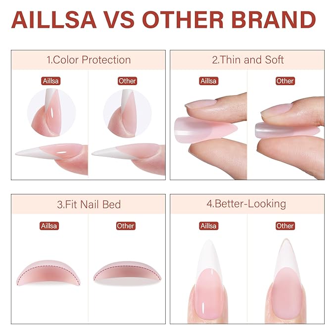 AILLSA French Gel Nail Tips, 180 Pcs French Tip Press On Nails Long Almond Pink, Pre-Applied Primer & Base Coat, No Need File, Soft Long Stiletto Nail Tips, Fake Nails for Women Gift 15 Sizes