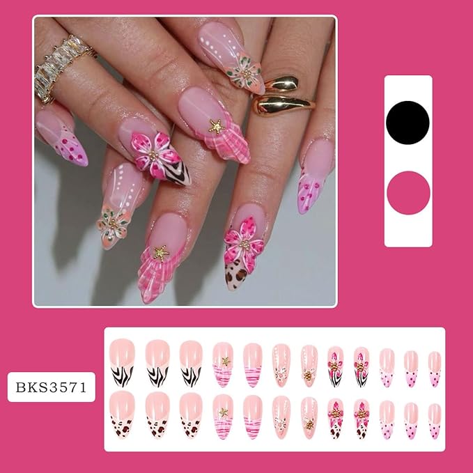 Long Almond Press on Nails Light Pink Fake Nails Floral Gold False Nail Stick on Nail for Women 24pcs