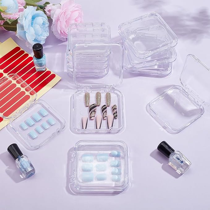 BENECREAT 20Pcs 2 Sizes Press On Nail Storage Box with 2 Sheets Double Sided Adhesive Tape, Clear Artificial Nail Display Storage Boxes Display Packing Box for Nail Salon