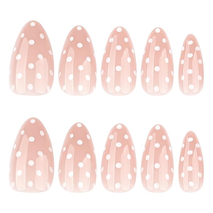 Polka Dot Press on Nails Almond Medium Fake Nails Nude Natural False Nails Glossy Cute Glue on Nails Reusable Acrylic Nail for Women Manicure 24Pcs