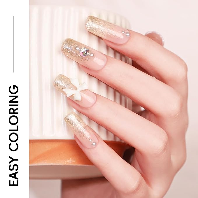 PEACECOLOR Square Gel Nail Kit, 240pc Short Medium False Nail Tips for Extension 2 Colors Jelly Gel Polish with U V Light Nail Glue Nails Art Stickers Rhinestones Easy DIY for Women Home Salon DIY