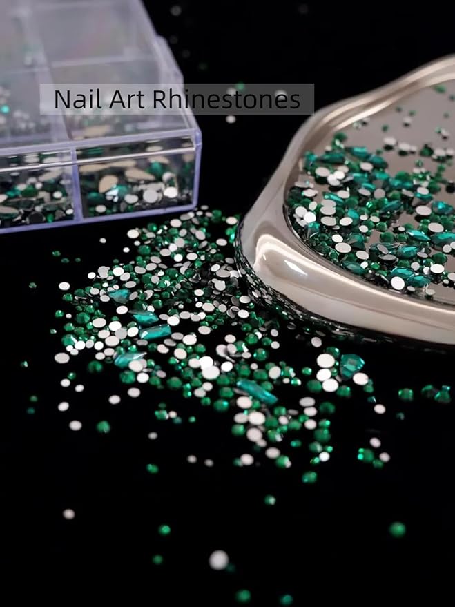 6080PCS Green Rhinestones for Nails, Rhinestone kit with 20 Shapes, 3D Flatback Crystals Diamonds for Nail Art Design,Mix Sizes Nail Charms and Gems(Tweezers Included)