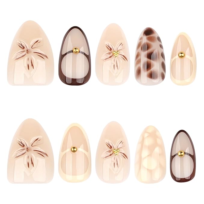 Short Almond Press on Nails - Flower Fake Nails with Brown Crack Design - Fall Glossy Full Cover Stick on Nails - for Women Manicure 24 Pcs