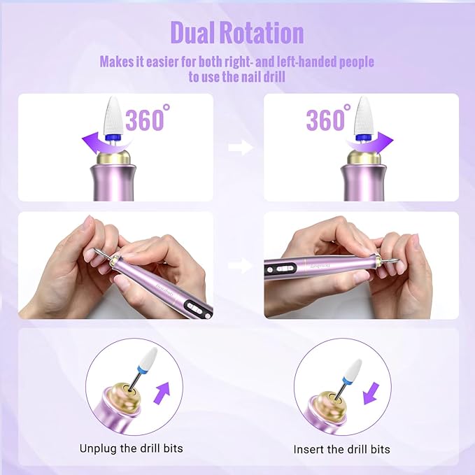 Cordless Electric Nail Drill Machine, 13 in 1 Nail File Kit 35000RPM Professional Portable Rechargeable E File for Acrylic Polish Gel Removal Manicure Pedicure Set with 5 Speeds Violet