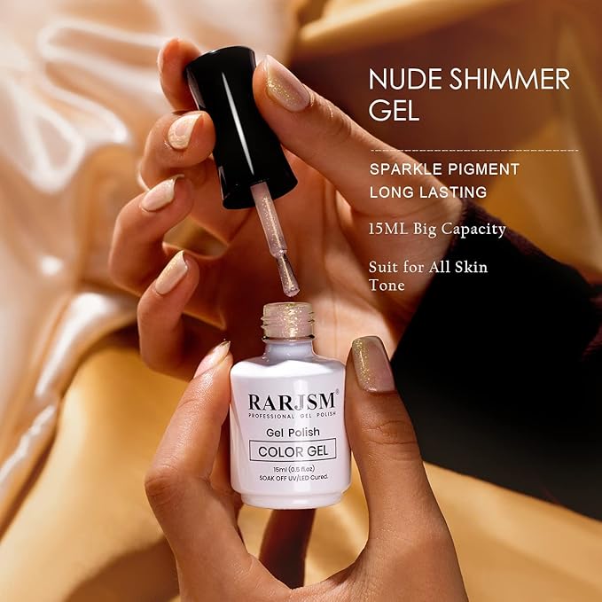 RARJSM Nude Gel Polish Peach Pink Gold Glitter Shimmery Neutral Jelly Color Skin Tone Gel Nail Polish 15ml Single Bottle Sparkle Pink Beige Natural Soak off UV LED Cured for Home Salon DIY Nail Art