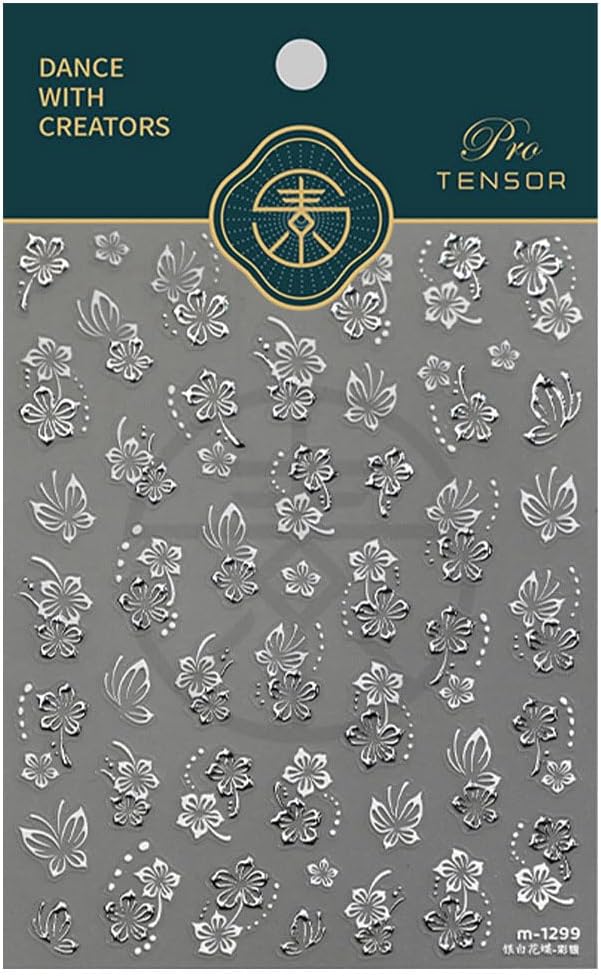 Spring Nail Stickers Silvery Flower Nail Art Stickers 5D Embossed Nail Decals White Butterfly Self-Adhesive Nail Art for Women Floral Nail Manicure Decoration