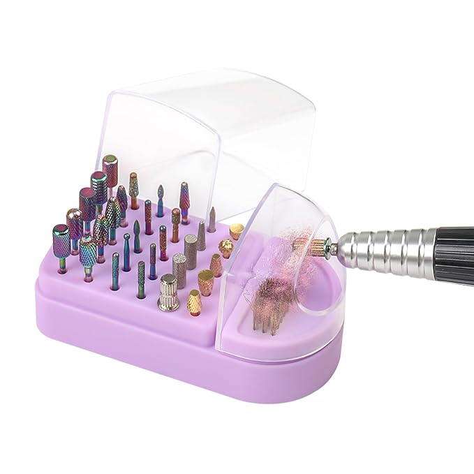 Nail Drill Bits Holder 2 in 1 Nail Drill Bits Cleaning Brush Case, 30 Holes Dustproof Acrylic Nail Drill Holder Storage Box, Nail Drill Bit Holder Stand Displayer Organizer for Home Salon Use (Purple)