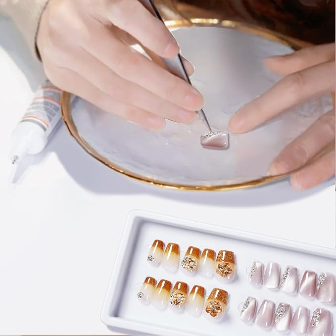 2 Packs Press On Nails Handmade Rhinestones Charms DIY Reusable Adhesive Tabs False Fake Nail, Set #01, Size S