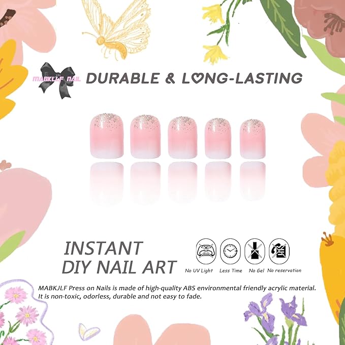Ombre Press on Nails Short Square MABKJLF French Tip Fake Nails False Nails with Designs Gold Glitter White Pink Gradient Glossy Glue on Nails Acrylic Nails for Women Girls 24 Pcs