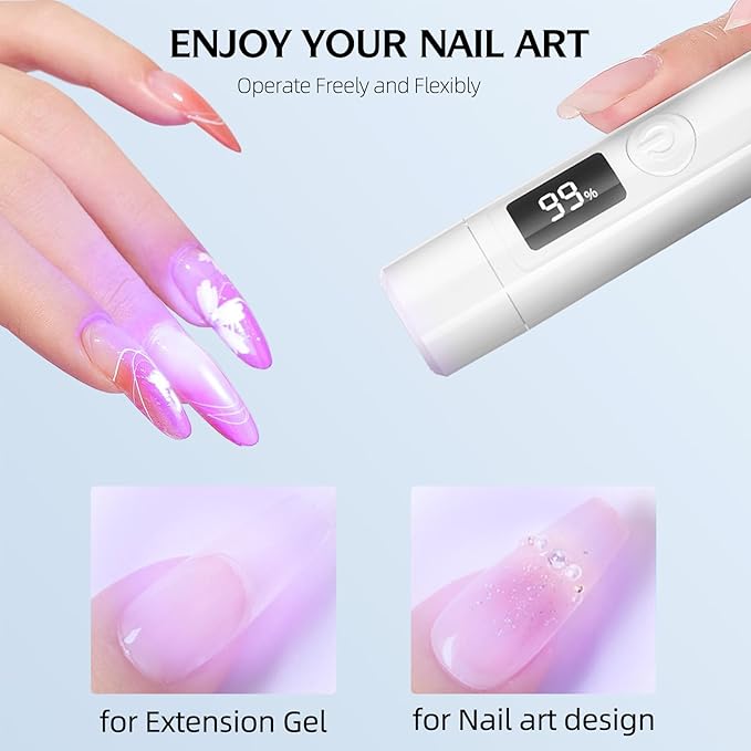 Handheld UV Light with Nail Stamper Head, 3W Portable LED Nail Lamp, Wireless Rechargeable USB Nail Dryer with Silicone Stamper, LCD Display Screen for Fast Curing Home DIY Manicure White