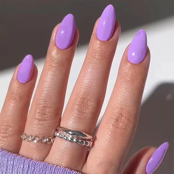 Purple Press on Nails Short Almond Fake Nails Press ons False Nails Acrylic Glossy Full Cover Glue on Nails Cute Artificial Stick on Nails for Women Manicure 24 Pcs
