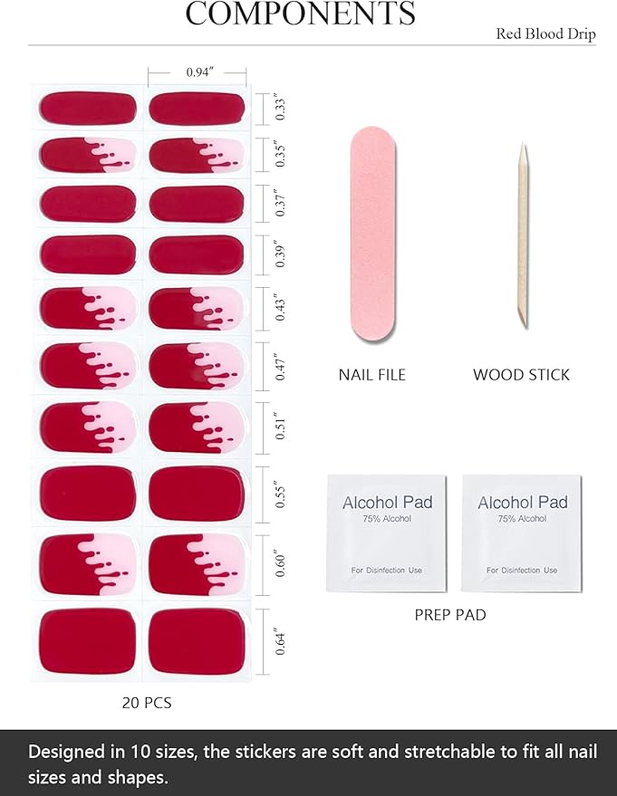Semi Cured Gel Nail Strips (Red Blood Drip), Halloween, 20 Pcs Gel Nail Wraps, Stickers, Salon Quality, Long Lasting, Works With Any UV Lamps