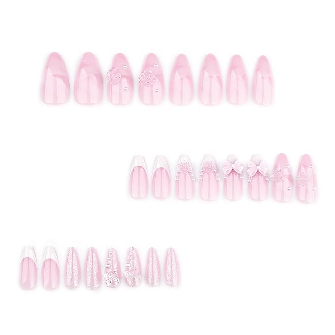 Press on Almond Nails - Medium Fake Nails with Bow Flower Charms Design - White French Tip False Nails for Women 24 Pcs