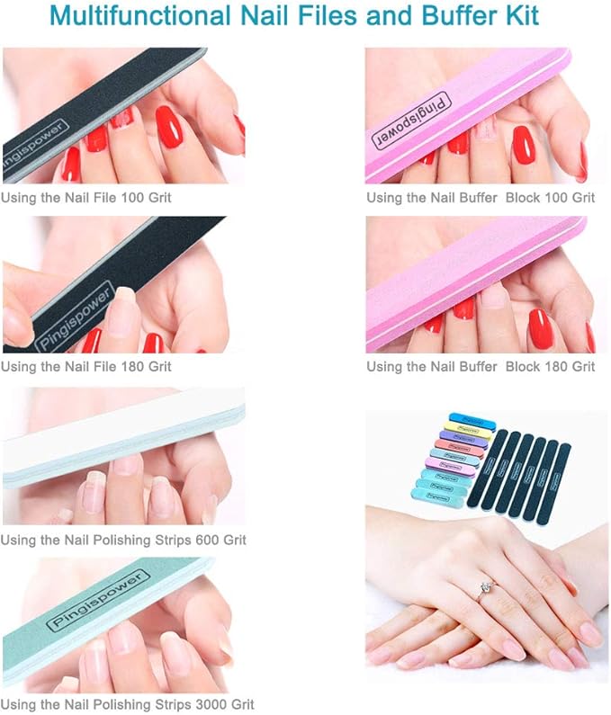 Nail Files and Buffers (15 Pack), Professional Reusable Nail File and Buffer Block for Natural/Acrylic Nails, 100/180 & 600/3000 Grit Double Sided Nail Care Kit for Women Men Home & Salon