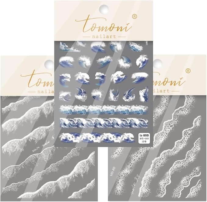 3Sheets Ocean Wave Nail Art Stickers, Blue and White Design, Water Pattern Nail Decals