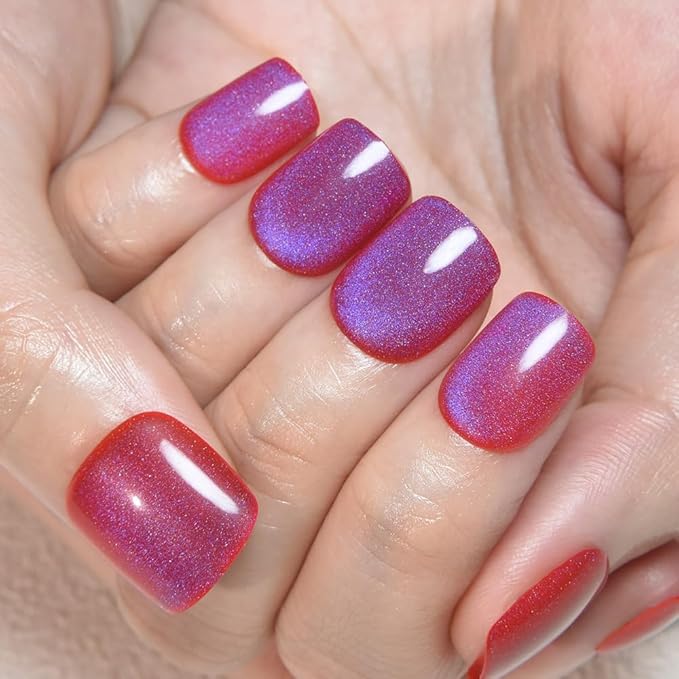 Blue Red Cat Eye Extra Short Press on Nails Square, Petite Short Square Stick on Nails for Women Gift, Purple Red Metallic Glitter Glossy Reusable Soft Gel Press on Acrylic Fake Nail with Designs