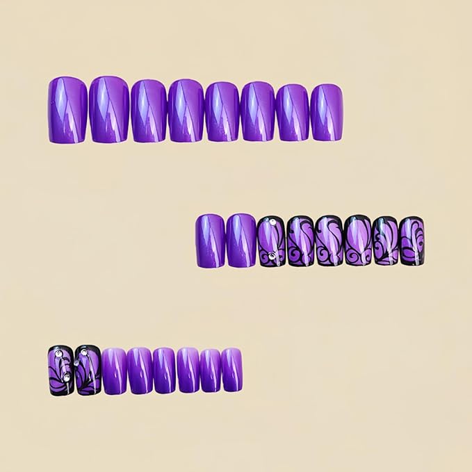 Purple Press on Nails Medium Square Fake Nails with Black Flowers Line Design Rhinestones False Nail Glossy Full Cover Acrylic Artificial Stick on Nail for Women 24Pcs