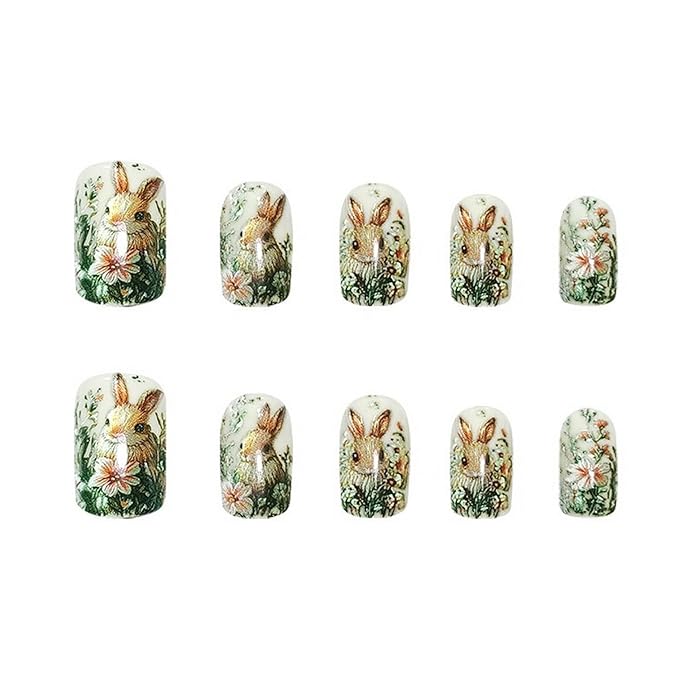24 Pcs Easter Medium Square Shaped Press on Nails with Cute Bunny Design Embossed Acrylic Nails Spring Pink White Flower False Nails Full Cover Easter Rabbit Stick on Nails for Women Nail Art Manicure