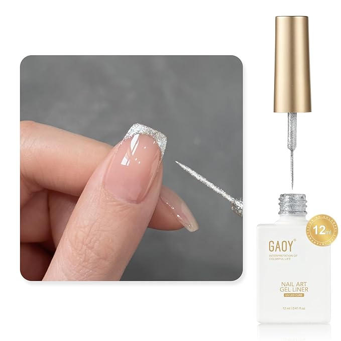 GAOY Silver Cat Eye Swirl Gel Nail Polish Art Liner, 12ml Glitter Holographic Reflective Color Nail Paint Design with Thin Brush, UV Light Cure for DIY French Manicure at Home