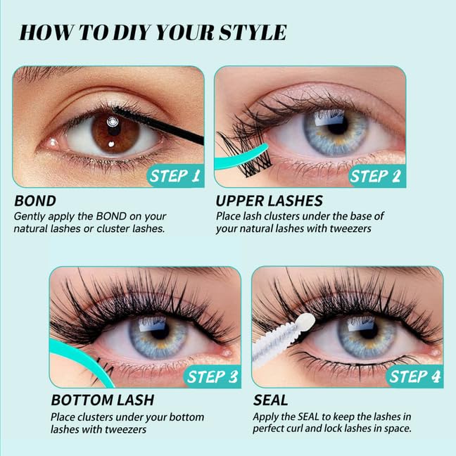 Lash Clusters Kit Clear Band Natural Cluster Lashes with Bottom Lash Clusters 5-16MM Individual Lashes Wispy False Lashes with Lash Bond and Seal,Lash Tweezer DIY at Home(Ivy Kit)