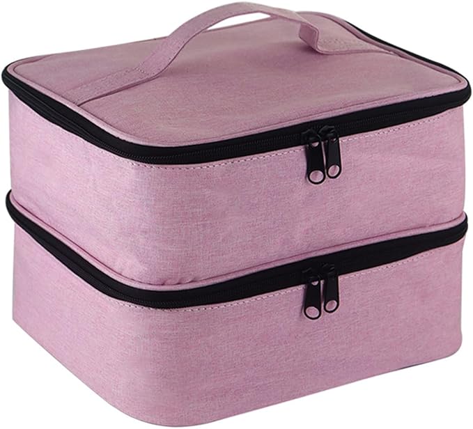 Meichoon Portable Nail Polish Carrying Organizer Case with Adjustable Bottle Compartment 30 Bottles of Gel Lamp and Manicure Tools Large Makeup Bag Travel with Removable Divider Pink