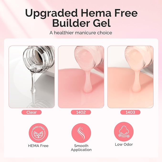 MelodySusie Hema Free Builder Gel Set for Nails Thickening, Clear and Pink, 3PCS 0.5 Fl Oz, Tpo Free, Soak Off UV Extension Gel, Nail Art Design Salon DIY Manicure at Home for Women
