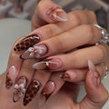 Press on Nails Almond - Medium Fake Nails with Flower Pattern Design - Brown Ombre False Nails Press Ons - for Women Manicure 24 Pcs