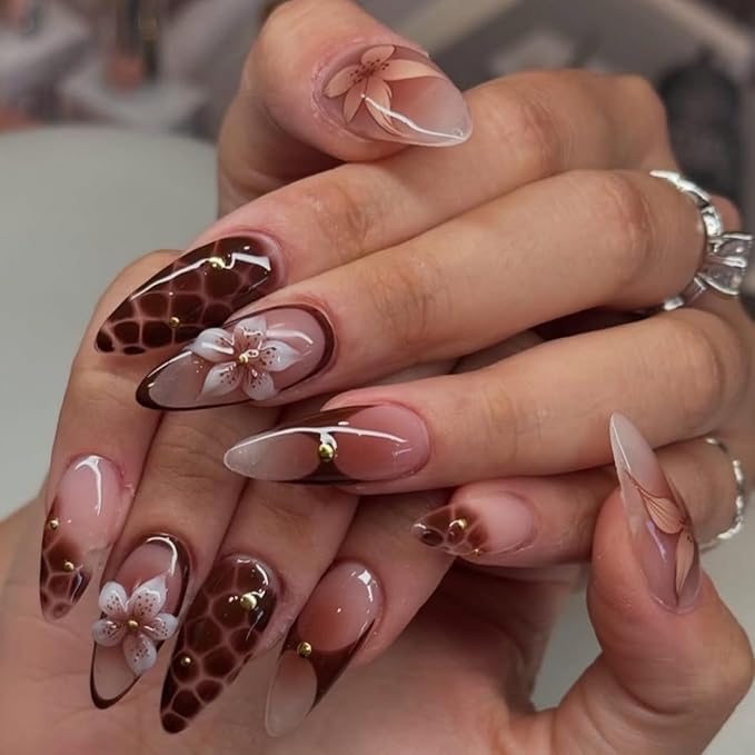 Press on Nails Almond - Medium Fake Nails with Flower Pattern Design - Brown Ombre False Nails Press Ons - for Women Manicure 24 Pcs