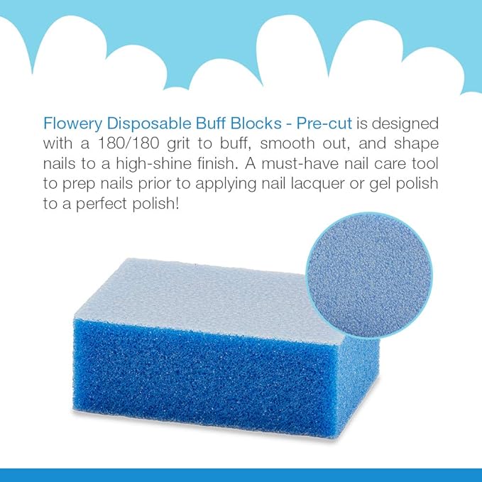 Flowery Disposable Buff Blocks Blue 180/Grit, Nail Polishing Buffer, Nail Care Tool to Prep, Shape and Smooth Nails for Perfect Manicure and Pedicure, 100 pcs (DFBB-100)