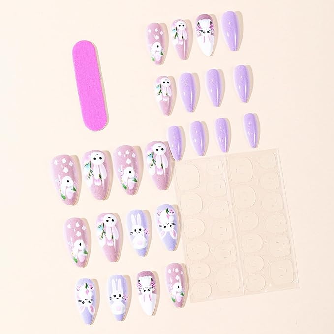 24 Pcs Easter Press on Nails Glossy Purple False Nails Medium Almond Fake Nail Spring Artificial Acrylic Nails with White Bunny & Flower Design Full Cover Stick on Nail for Women Manicure DIY