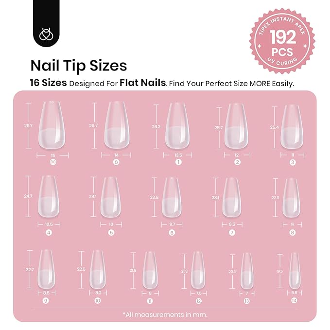 Beetles Tipex Instant Apex Nail Tips, Coffin Medium, 16 Sizes (00–14), 192pcs, Built-In Apex, No Builder Gel Required, Thicker Strong Acrylic Tips for DIY Nail Extensions