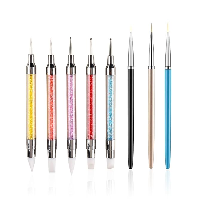 8pcs Nail Art Design Tools, 5PCS Dual-Ended Nail Art Sculpture Pen Dotting Tools with 3PCS Nail Liner Brushes, Silicone Nail Polish Brushes Stainless Steel Carving Drawing Tool