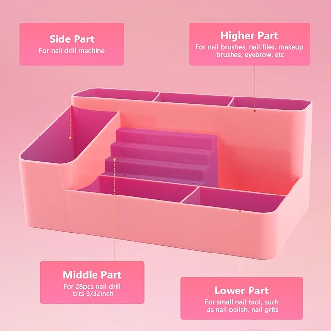 Nail Drill Holder & 28 Holes Nail Drill Bits Holder, Transparent Acrylic Nail Drill Machine Storage Box, Professional Nail Drill Organizer Case for Manicure tools (Pink02)