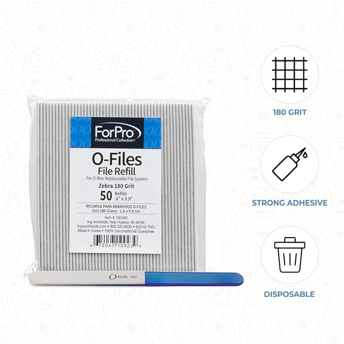ForPro Professional Collection O-Files Replaceable File System, Zebra, 180 Grit, Manicure Nail File Refills, 3.9” L x .6“ W, 50-Count