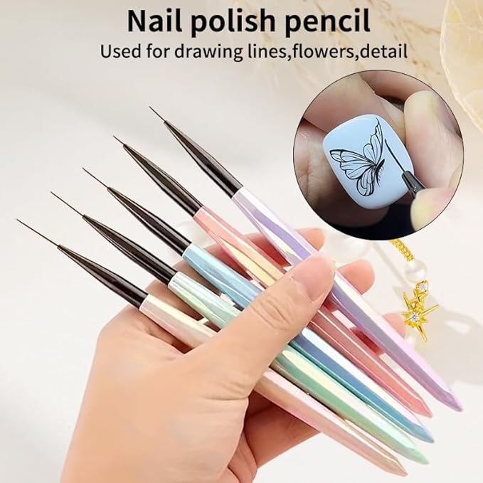 5Pcs Iridescent Handle Nail Liner Brush Set - Professional Ultra-Fine Striping Brushes for Intricate Nail Art, Multi-Color Gel Polish Liner Brushes for Salon & DIY Manicure Detailing