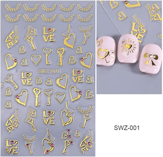 Gold Nail Stickers 5D Embossed Gold Hearts Nail Decals 3D Self Adhesive Key Nail Art Stickers Bow Love Nails Designs Lines Nails Supplies for Women DIY Manicure 3 Sheets