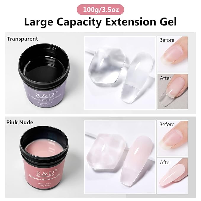 X&D Gel Nail Polish Kit UV Polygel 2 Bottles Quick Dry 100g Natural Clear Color Nail Extension with Nail Forms, Nail File, Acrylic Nail Sable Brush (2PCS Nude Pink)