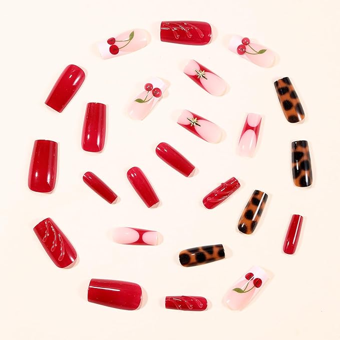 French Tip Press on Nails Medium Square MABKJLF Fake Nails Fall False Nails with Tortie Cherry Leopard Print Designs Glossy Glue on Nail Autumn Acrylic Nails for Women Girls 24Pcs