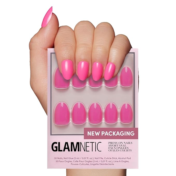 Glamnetic Press On Nails - Hot Pink Fake Nails | Opaque Bright Neon Pink Short Oval Fake Nails, Salon Quality | 15 Sizes - 30 Nail Kit with Glue