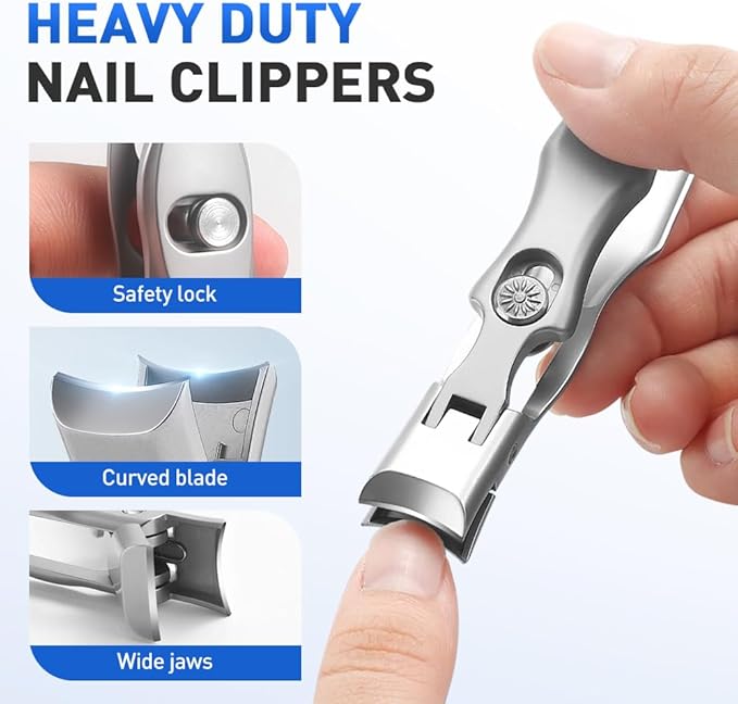 Stainless Steel Large Mouth Nail Clippers, 2025 Upgrades Large Wide Jaw German Clipper for Thick Nails, Angled Head Long Handled Toe Nail Clippers with Wide Jaw Opening (with rubbing Strips-Black)
