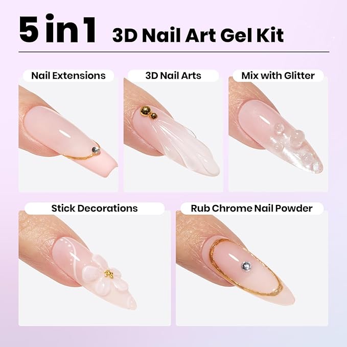 Beetles Solid Builder Gel for Nails,4 Colors Clear Pink White 3D Sculpting Gel Non-Sticky Hand Carving Nail Glue for 3D Nail Art with 3D Mold Chrome Powder Tools Salon DIY at Home,UV&LED Needed