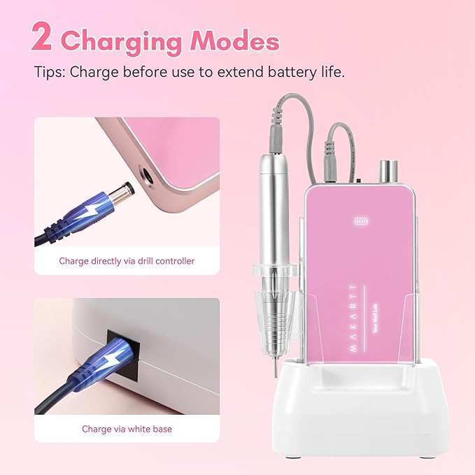 Makartt Nail Drill Professional, 35,000RPM Rechargeable Electric Nail File for Acrylic & Gel Removal, 60W Brushless Motor, 2-in-1 Desktop & Portable, LCD Display, for Home & Salon Use, Nouvella Pink